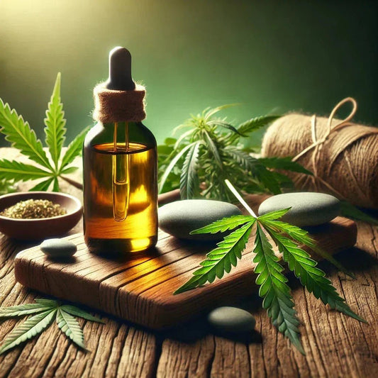 Huile de CBD sur table rustique avec fond vert pour la détente