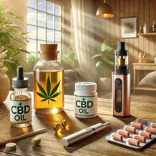 Tableau avec huile, capsules et e-liquide pour choisir format CBD